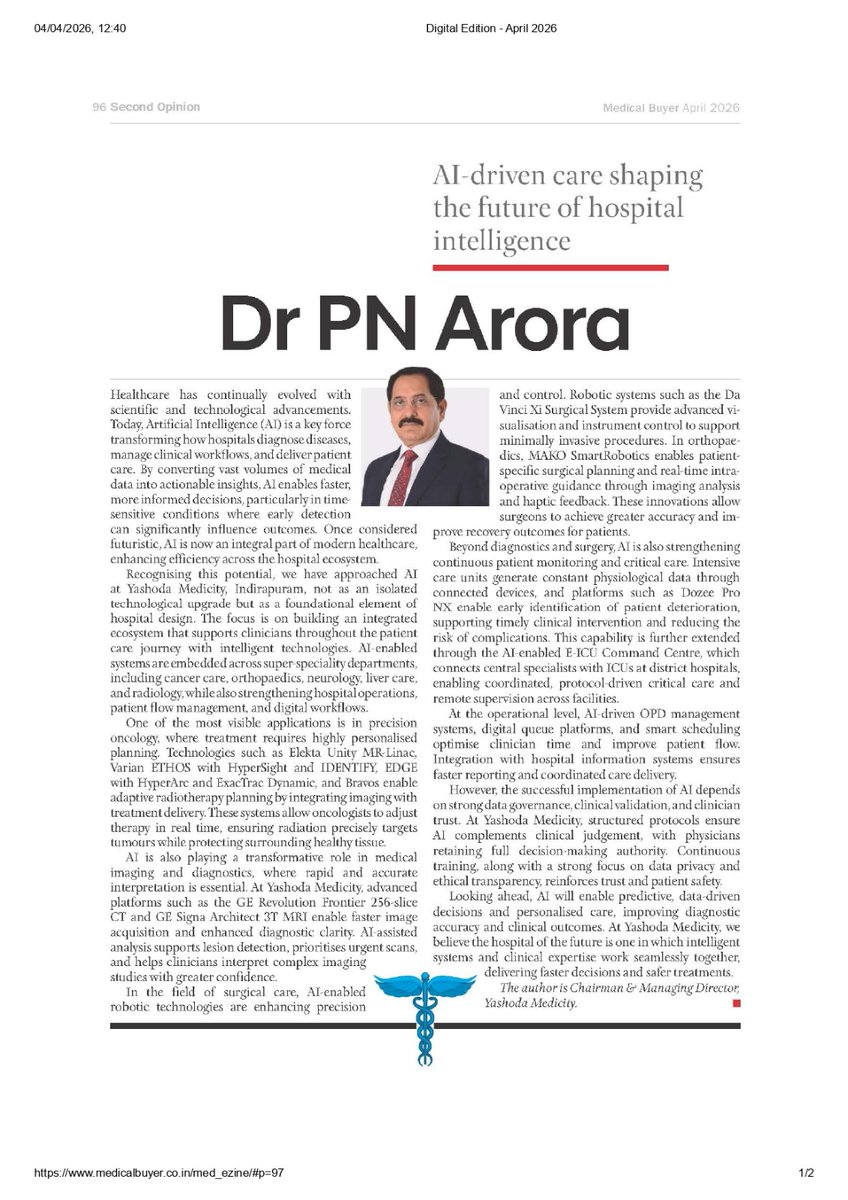 PremNArora's tweet photo. In my recent article with Medical Buyer, @Medical_Buyer, I shared how AI-driven care is shaping the way we are building healthcare at Yashoda Medicity.  

At the core of what we do is bringing together doctors’ expertise and advanced AI technologies, all under one roof. Across precision oncology, AI-assisted diagnostics, robotic surgery, and continuous monitoring, our teams work closely to make every decision faster, more accurate, and truly focused on the patient.  

Read the full article here: https://t.co/xA4hKEDGCy
