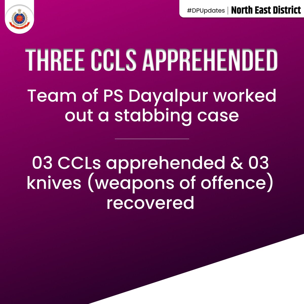 DCPNEastDelhi's tweet photo. Team of PS Dayalpur apprehended 03 CCLs &amp; solved a stabbing case.

03 knives used in the commission of offence recovered.

Timely police action led to the apprehension of the juveniles and recovery of weapons.

#DPUpdates
#HelloDelhiPolice
@LtGovDelhi @DelhiPolice 
@Ravindra_IPS https://t.co/62m1Vh2Luk
