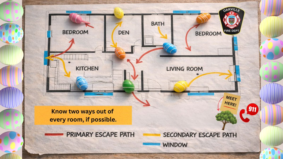 oakvillefire's tweet photo. 🐰🥚 Turn your Easter Egg Hunt into a fire safety adventure! 🔥
Hide more than chocolate—hide life-saving lessons. Place eggs along your home’s escape routes so everyone can learn the way out during the hunt.
Make it fun and practice your home escape plan.🏠
#EasterSafety https://t.co/yZDD9n9AOc