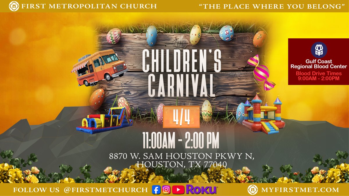 FirstMetChurch's tweet photo. TODAY!!!!!!
Children's Carnival 2026
April 4, 2026
11:00 AM and 2:00 PM

First Metropolitan Church
8870 W. Sam Houston Pkwy N.
Houston, TX 77040
https://t.co/gA2exovOjC
info@firstmet.org
713-983-7878 https://t.co/Imxosn12Ts