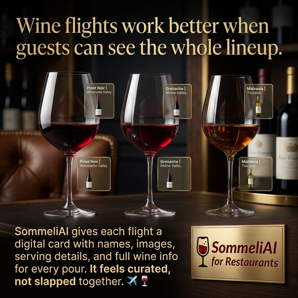 SommeliAI's tweet photo. Wine flights sell better when guests can actually see what they are getting. SommeliAI builds digital flight cards with names, images, serving details, and full wine info for every pour, so the lineup feels intentional instead of improvised. ✈️🍷 https://t.co/EsOx0Sb8n5 https://t.co/4Iq7lQM8Hx