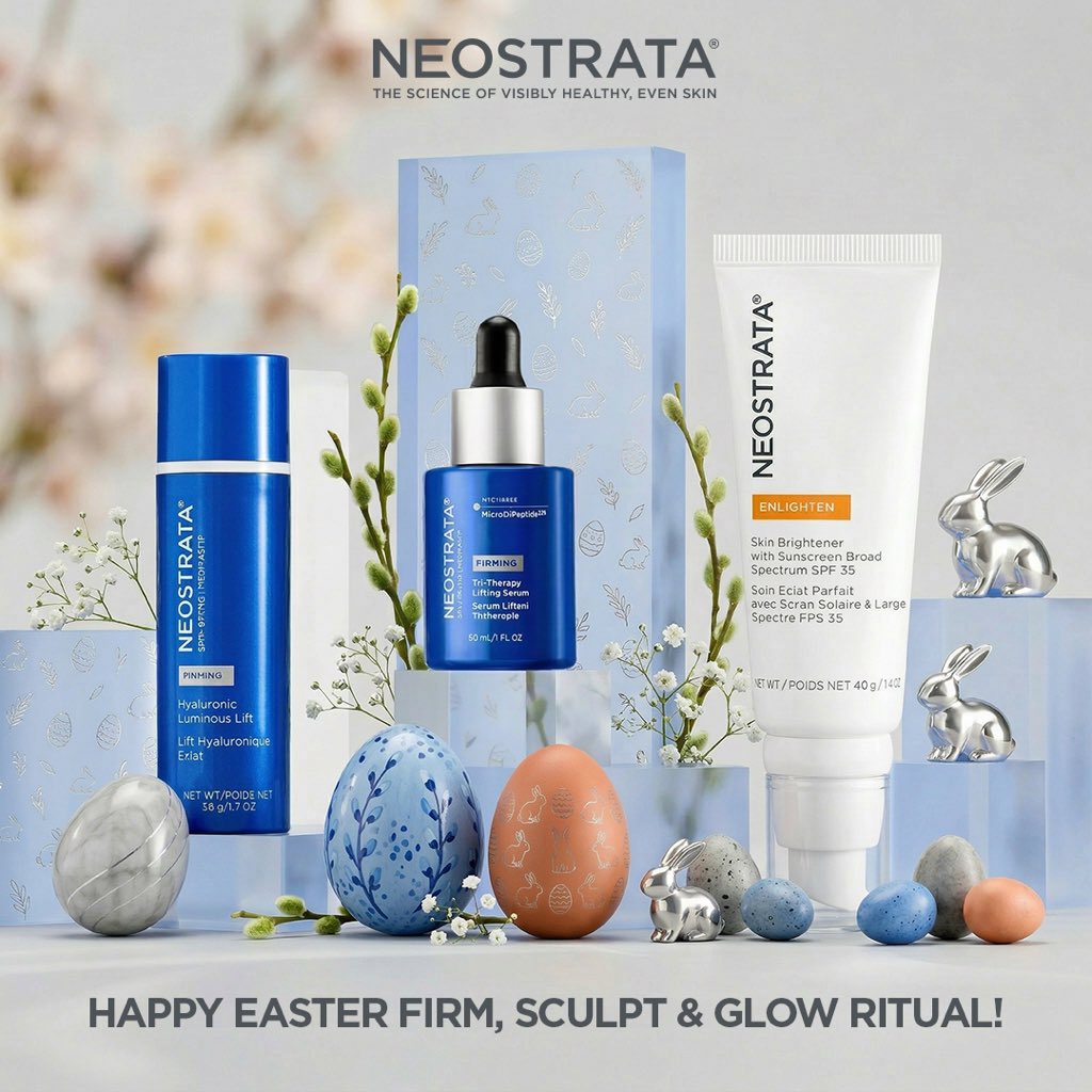 NeostrataEA's tweet photo. Feel the Easter spirit in the air! The glow is in the bottle. 💙 Level up your skin this Easter with the Holy Trinity: Firm (improve skin's tightness). Sculpt (enhance facial contours). Glow (boost radiance). Make Your Easter Happier! #Easter #NeostrataEA #Neostrata https://t.co/CM7wx6RhD9