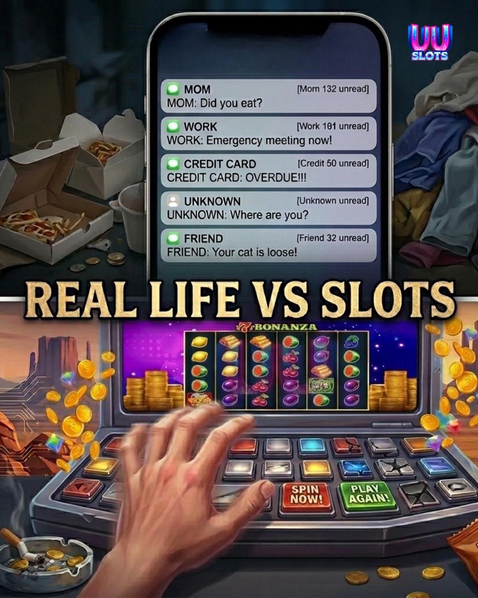 uuslots's tweet photo. 👀 REAL LIFE VS SLOTS 🎰

🤔 Others are already winning  
What are you waiting for? 🎁

👉 It’s your turn now!
https://t.co/qG0OpgMEpe

#UUSlots #SlotsGame #SpinNow #WinNow #SlotsMoment #SlotsLife #BigWin #EscapeReality #SpinToWin https://t.co/Rj4xr6PQRR