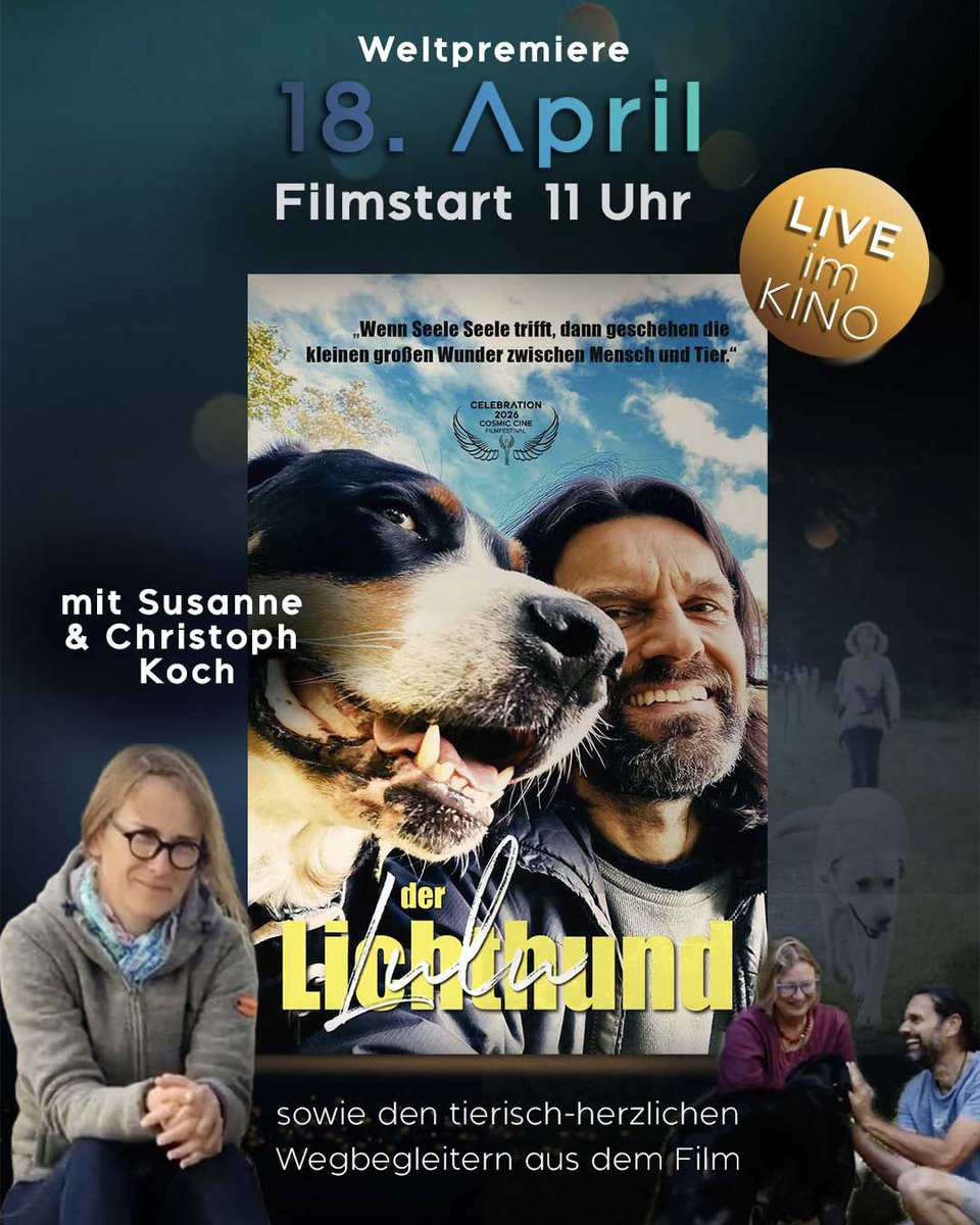 CosmicCine's tweet photo. "Lulu macht vor mir Sitz. Ich gehe in die Knie und schaue ihr in die Augen. Und dann ist es einfach da: „Lulu, du bist der Lichthund!"

... Es war ein besonderer Tag, der für mich den Anstoß gab, unsere Geschichte zu erzählen."
❤

Wann? 18.04. 11 Uhr

👉 https://t.co/dCKpvYRzN2 https://t.co/xASq2P05Ll