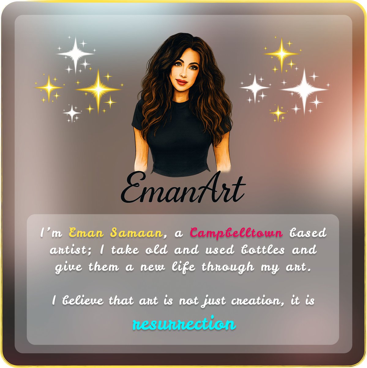 EmanArtAU's tweet image. Hello to fellow artists and creatives in #Campbelltown and across #Australia!

My name is Eman, a local artist based in #Campbelltown. I transform discarded bottles into unique, reimagined pieces with a completely new identity.

Stay tuned!! #ResurrectingBottles