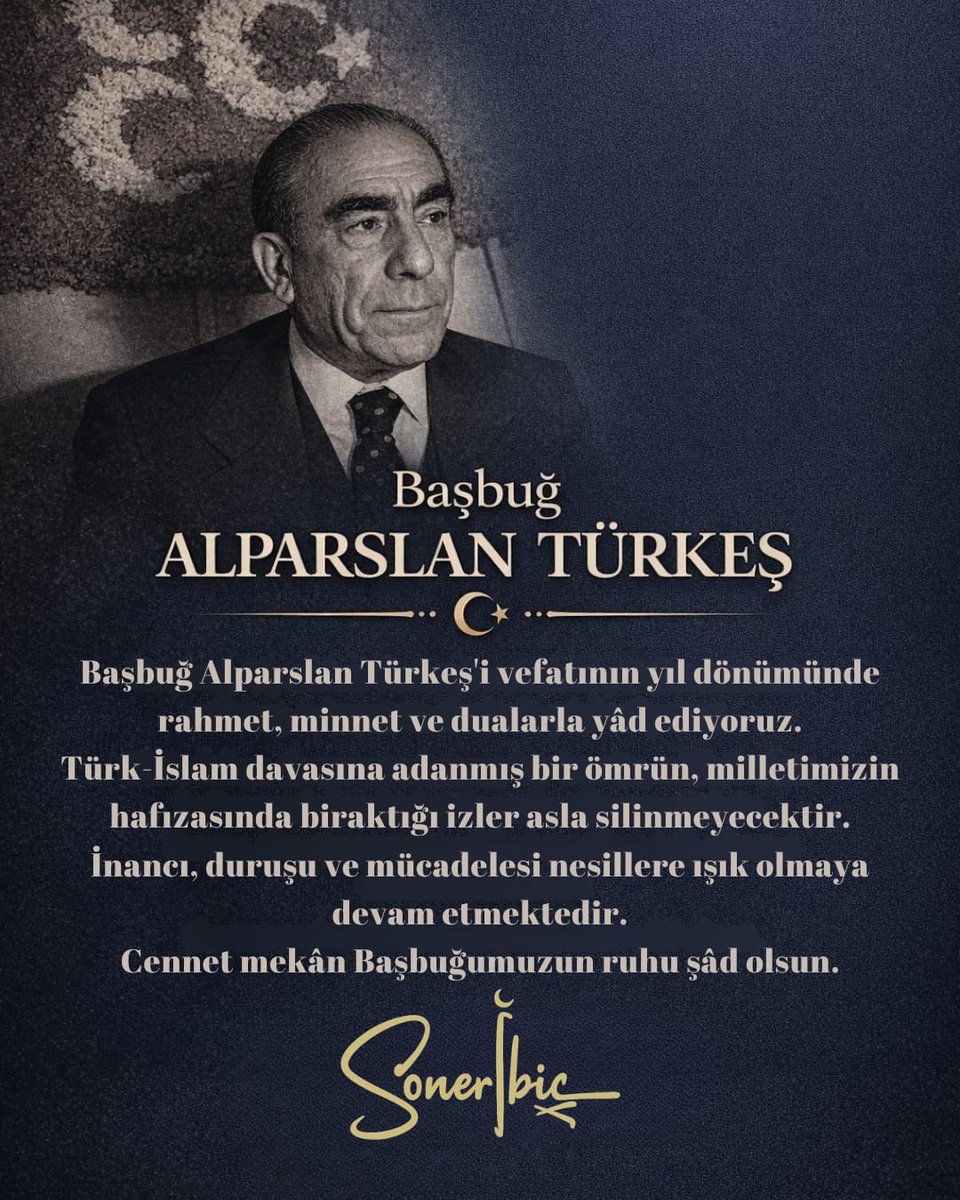 soneribic's tweet photo. Başbuğ Alparslan Türkeş’i vefatının yıl dönümünde rahmet, minnet ve dualarla yâd ediyoruz. 

Türk-İslam davasına adanmış bir ömrün, milletimizin hafızasında bıraktığı izler asla silinmeyecektir. 

İnancı, duruşu ve mücadelesi nesillere ışık olmaya devam etmektedir.

Cennet mekân Başbuğumuzun ruhu şâd olsun. 

#AlparslanTürkeş #Başbuğ #TürkİslamDavası #RahmetleAnıyoruz #Unutmadık