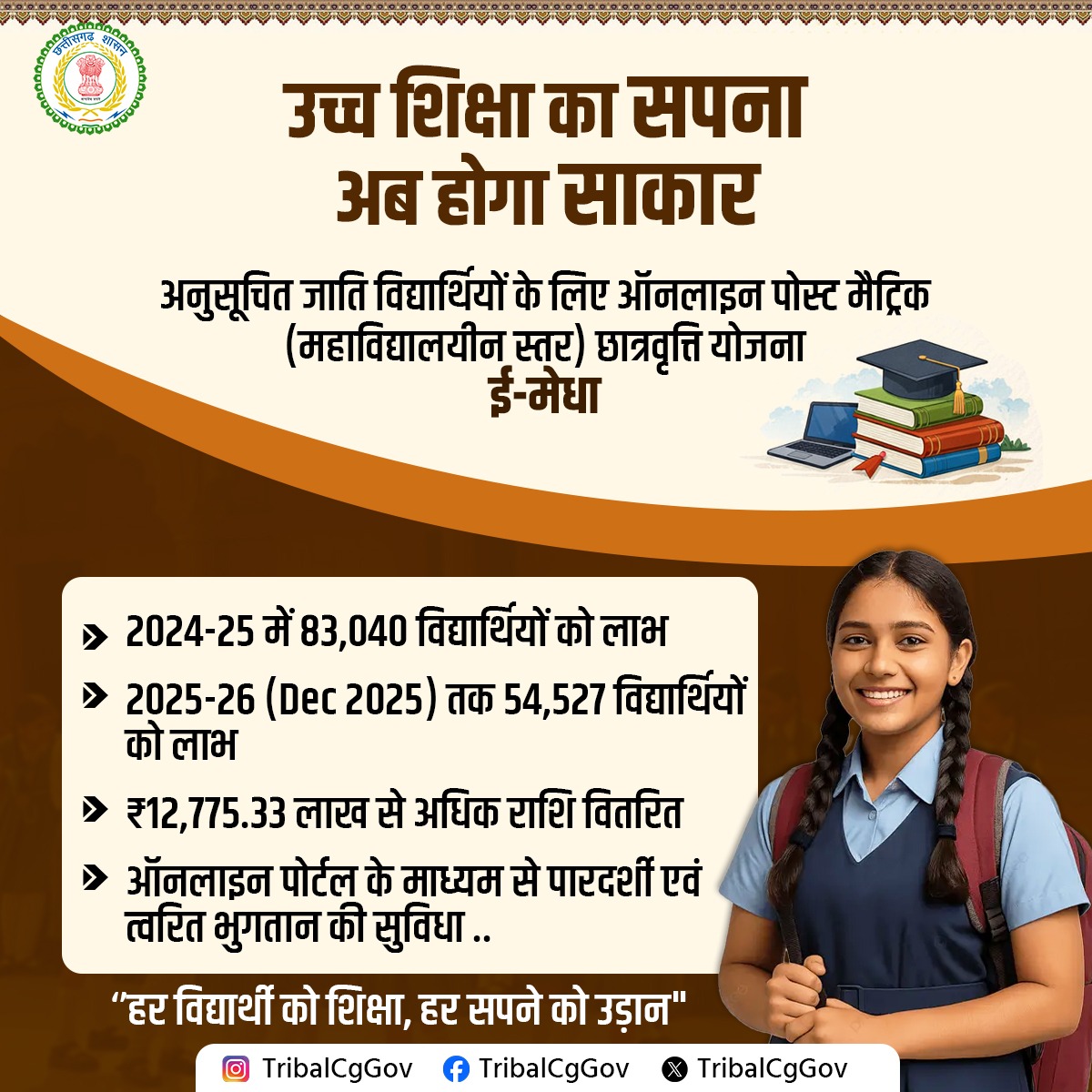 TribalCgGov's tweet image. उच्च शिक्षा का सपना अब होगा साकार।
अनुसूचित जाति (SC) के विद्यार्थियों के लिए ई-मेधा छात्रवृत्ति योजना के तहत आर्थिक सहायता प्रदान कर उनके भविष्य को सशक्त बनाया जा रहा है।

हर विद्यार्थी को शिक्षा, हर सपने को उड़ान।

 #ScholarshipScheme #InclusiveGrowth #EducationMatters #CGGovt