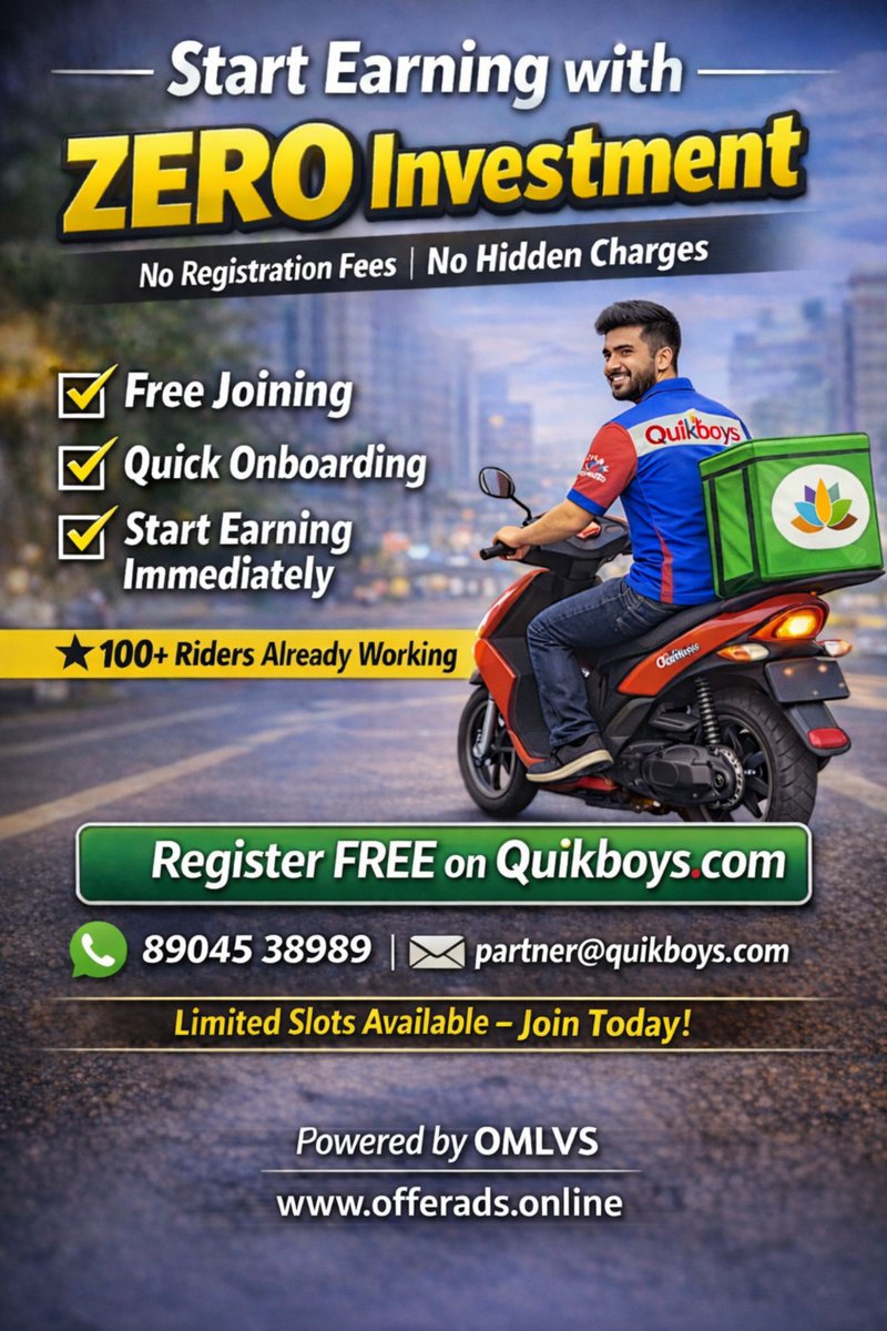 quikboys's tweet photo. 🚨 Looking for a job? Start earning TODAY!

💰 Zero investment
📢 No registration fees
⚡ Instant earning opportunity
🏍️ Become a Quikboys rider now
👉 Limited slots — Apply fast!

#JobsInIndia #DeliveryPartner #EarnDaily #NoInvestmentJob #QuikboysJobs #WorkNow #IncomeOpportunity https://t.co/iVhjo7ocv8