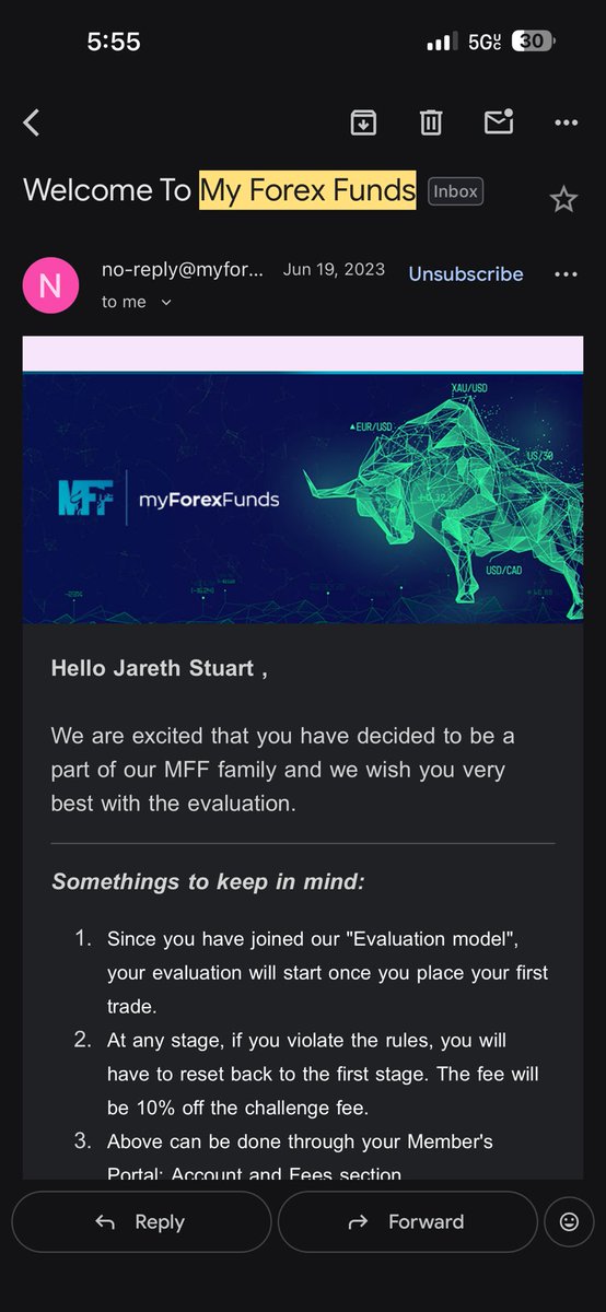USjareth's tweet photo. @MyForexFunds Will I ever be able to re-access this eval account or a refund ? The account was still active on phase 1 before the shutdown. Please advise 🙏🏼 https://t.co/N6cZyt1GgA