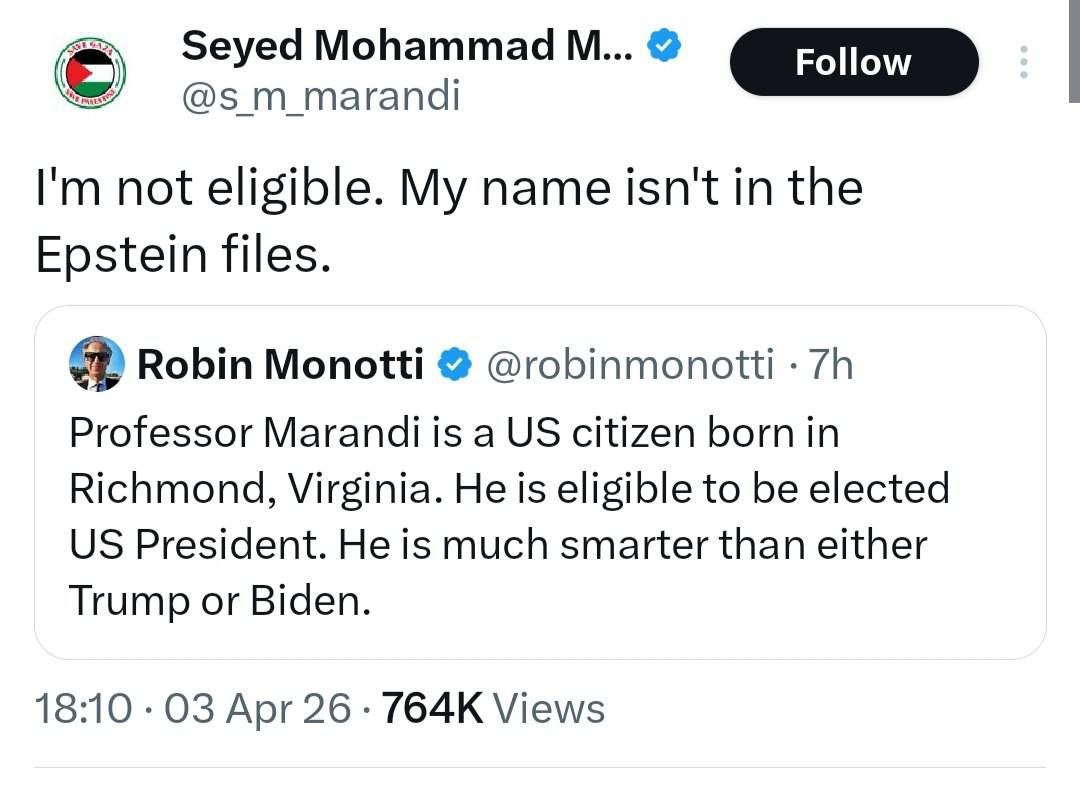 IranNewsJa's tweet image. ドクター・マランディは🇺🇸バージニア生まち米国市民なので、理論上は大統領候補になれる。
だが、「ドクター・マランディ、#アメリカ 大統領に！」という奇妙なトレンドが大拡散中。
本人は「名前がエプスタインのファイルにないので、大統領にはなれません」とジョーク。

#エプスタイン #epstein