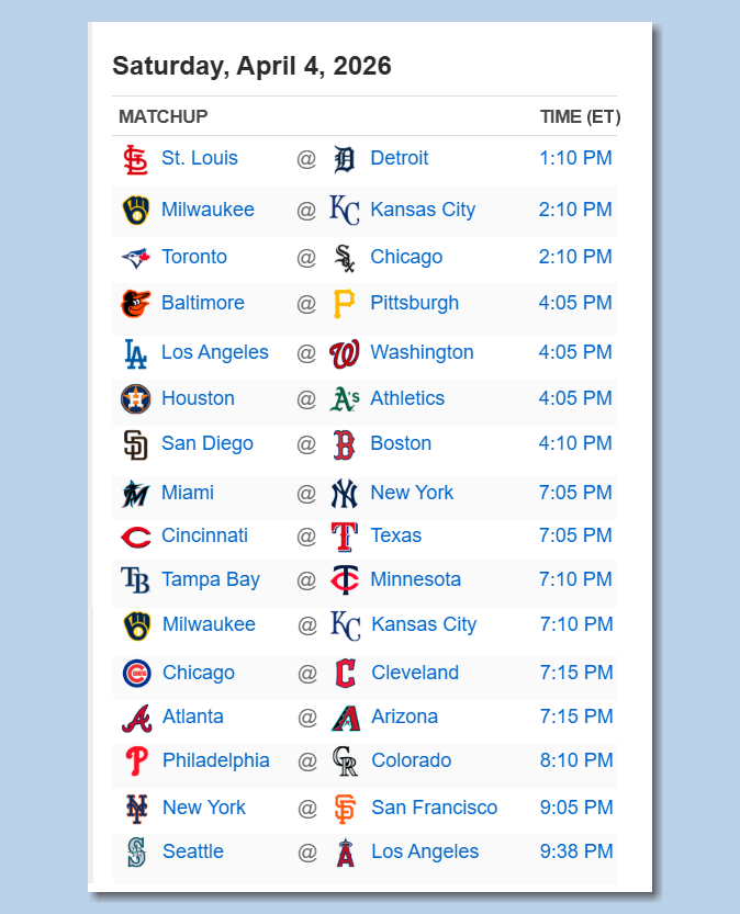 BSmile's tweet photo. Here's the #MLB schedule for Saturday, April 4th - PLAY BALL!!! https://t.co/BEH05Kt4kf