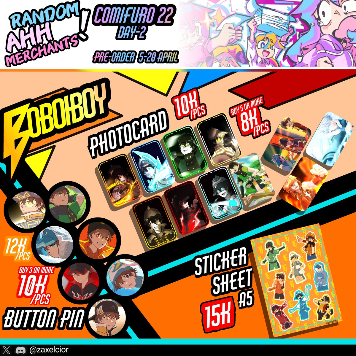 zaxelcior's tweet photo. [🔁 &amp; ❤️are appreciated!] 
Circle @RandomAhhMerch 
Zax's #CF22 Pre-Order is Open

📍   Pick-Up Day-2 (17 May) 
📍   Table: TBA
📅 PO Period: 5th - 20th April
🔗 https://t.co/FxLGPtuBmS
🎨 Pokemon, Genshin, BoBoiBoy

#comifuro22 #cf22catalogue https://t.co/9fdP489kCu