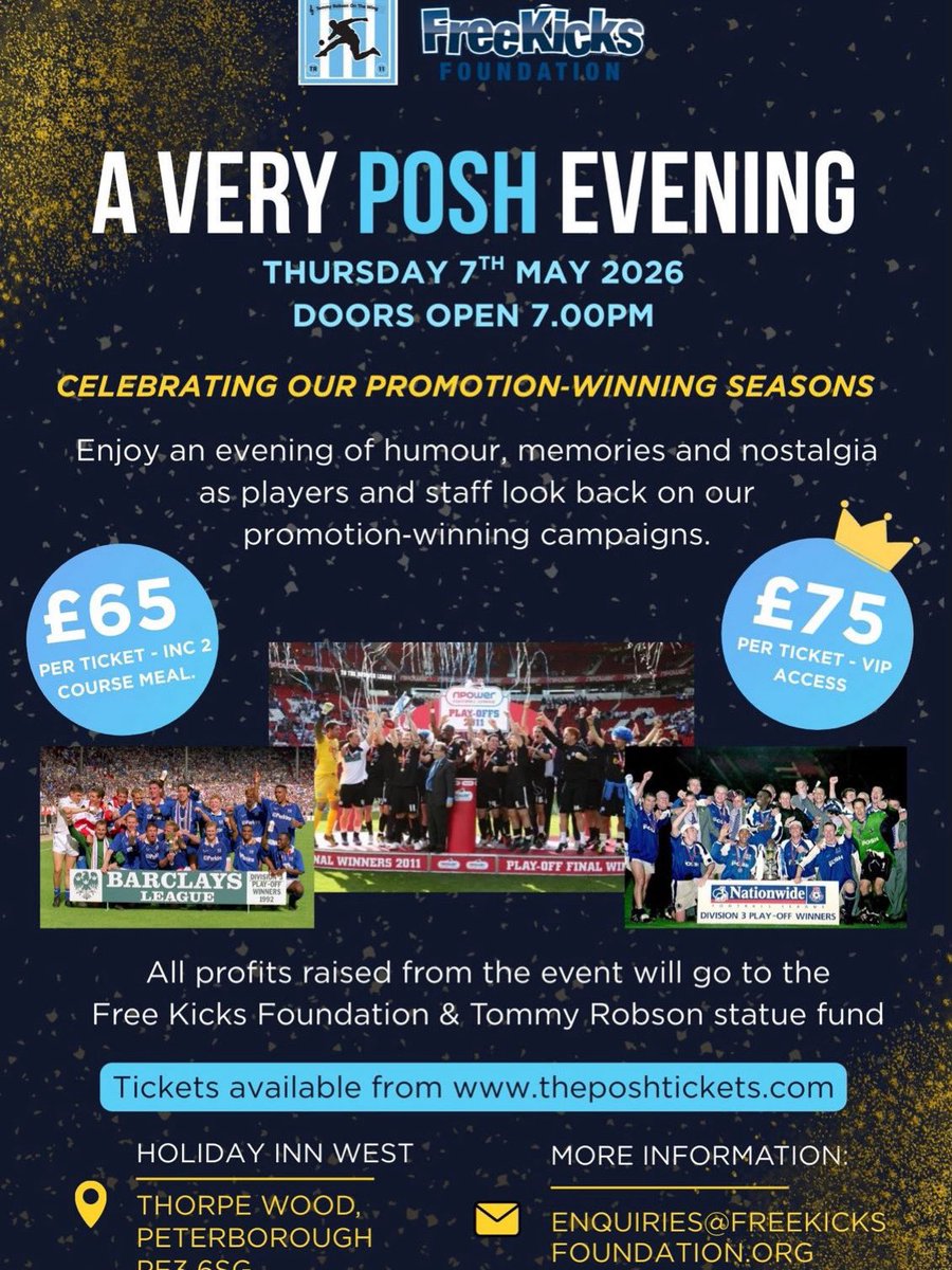 FreeKicks's tweet photo. ⚽️ COMPETITION ⚽️ 

Win 2 tickets to A Very Posh Evening on May 7th at The Holiday Inn, Peterborough. 

To win the tickets share this post, follow @FreeKicks and tag who you will bring with you to this brilliant event on May 7th.

Competition ends Monday 6th April 8pm. https://t.co/f1jHs3N4Uy