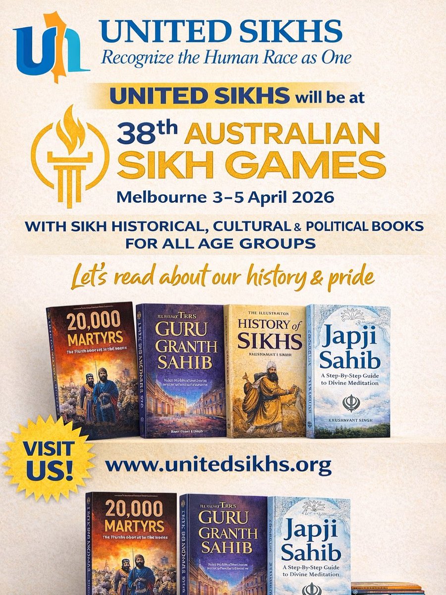 unitedsikhs's tweet image. 📚✨ Discover Sikh History at the Australian Sikh Games 2026! ✨📚

The @UNITEDSIKHS_AU  team is proud to be part of the Australian Sikh Games in #Melbourne bringing you a special Sikh Historical Books Stall for all ages.

Come explore a wide range of books covering:
🔹 Sikh