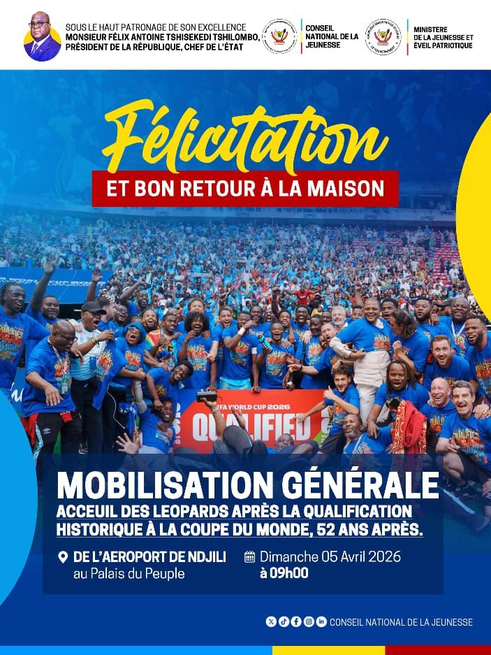 AlexisAmundala's tweet photo. 52 ans après, la RDC qualifiée : accueillons dignement nos héros. Le @CnjRDC convie la population 🇨🇩 et particulièrement la jeunesse, à réserver un accueil patriotique et festif à nos héros nationaux à l’occasion de leur qualification historique à la Coupe du Monde, 52 ans après https://t.co/TmnXSi060O