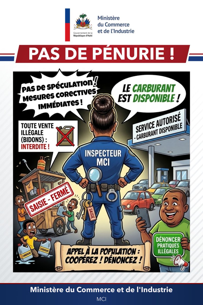 MincommerceHT's tweet photo. « Toute spéculation ou vente illégale de carburant est formellement interdite et sera sanctionnée avec la plus grande rigueur, conformément aux lois en vigueur. »

#PasDeSpéculation #ZéroTolérance #CarburantDisponible #LutteContreLeMarchéNoir #RespectDeLaLoi #ActionMCI https://t.co/euWELKHhV8