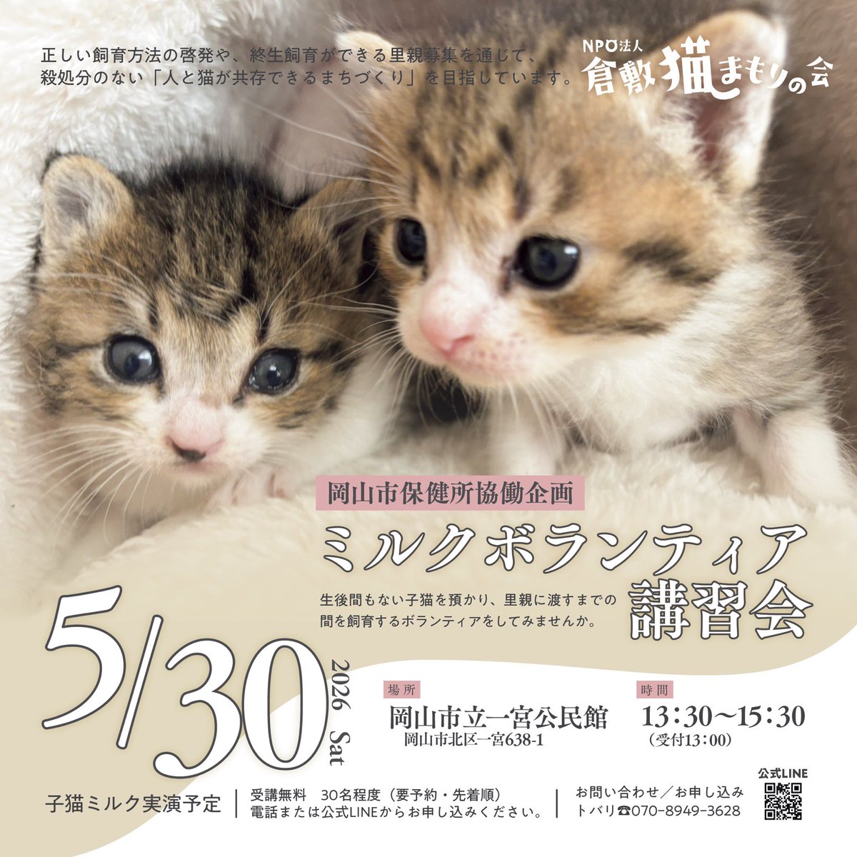 #セミナー
#岡山市保健所 協働企画
#ミルクボランティア講習会
2026年5月30日（土）
🏙️場所
岡山県岡山市立一宮公民館
⏰13時半〜15時半
🔸参加無料
🔸ご予約
lin.ee/l2gJKq6
🔸お電話ご予約
070−8949−3628
セミナーだけのご参加も可能です
お気軽にご参加ください🙇
#保護猫
#子猫