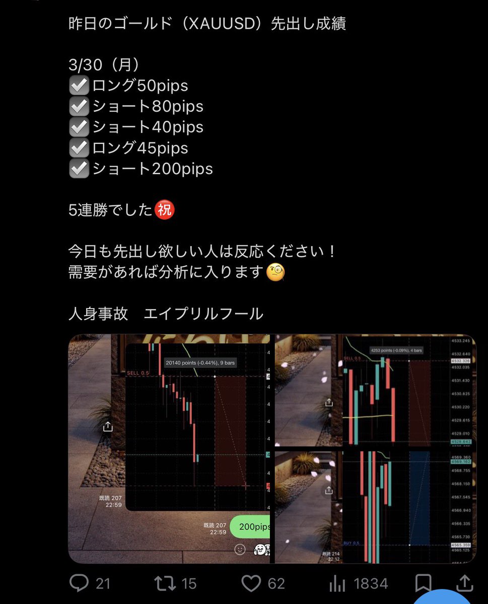 tachibana_gold's tweet photo. え、やばい。今週負けなし！？

あなたはこれを見てどうしますか？？

今週のゴールド先出し成績
3/30〜4/3

17連勝㊗️ トータル+4285pips✨️

自分でもびっくり、今週負けてません‼️

来週も先出しは
①Xと②【たちばな家】https://t.co/ywE3AzC56v
でやります！

3/30
☑️ロング50pips
☑️ショート80pips
☑️ショート40pips
☑️ロング45pips
☑️ショート200pips

3/31
☑️ショート70pips
☑️ショート190pips
☑️ロング90pips
☑️ロング900pips

4/1
☑️ロング600pips
☑️ショート150pips
☑️ロング40pips
☑️ショート60pips
☑️ロング50pips

4/2
☑️ショート1200pips
☑️ショート280pips
☑️ショート240pips

4/3
ゴールド休場