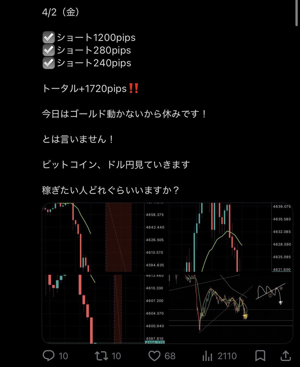 tachibana_gold's tweet photo. え、やばい。今週負けなし！？

あなたはこれを見てどうしますか？？

今週のゴールド先出し成績
3/30〜4/3

17連勝㊗️ トータル+4285pips✨️

自分でもびっくり、今週負けてません‼️

来週も先出しは
①Xと②【たちばな家】https://t.co/ywE3AzC56v
でやります！

3/30
☑️ロング50pips
☑️ショート80pips
☑️ショート40pips
☑️ロング45pips
☑️ショート200pips

3/31
☑️ショート70pips
☑️ショート190pips
☑️ロング90pips
☑️ロング900pips

4/1
☑️ロング600pips
☑️ショート150pips
☑️ロング40pips
☑️ショート60pips
☑️ロング50pips

4/2
☑️ショート1200pips
☑️ショート280pips
☑️ショート240pips

4/3
ゴールド休場