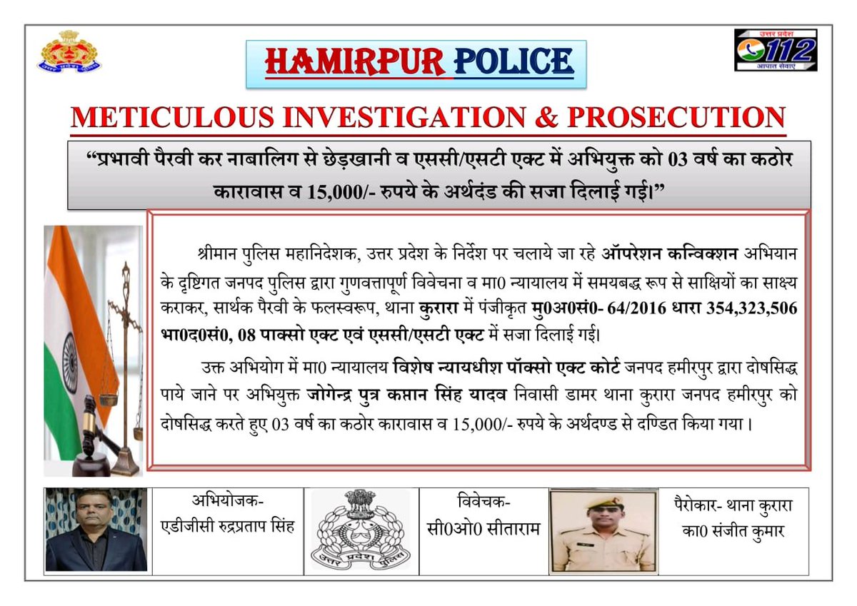 hamirpurpolice's tweet image. प्रभावी पैरवी कर नाबालिग से छेड़खानी व एससी/एसटी एक्ट में अभियुक्त को 03 वर्ष का कठोर कारावास व 15,000/- रुपये के अर्थदंड की सजा दिलाई गई।
#HamirpurPoliceInNews #UPPolice #Goodwork #ProsecutionSuccess #OperationConviction