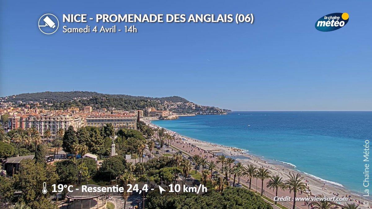 lachainemeteo's tweet image. ☀️Aucun #nuage à l'horizon sur la Côte d'Azur à #Nice, avec des températures #printanières 😎. C'est d'ailleurs le cas sur une grande moitié sud du pays, alors qu'au nord, les #températures sont plus fraîches sous une couverture nuageuse persistante.