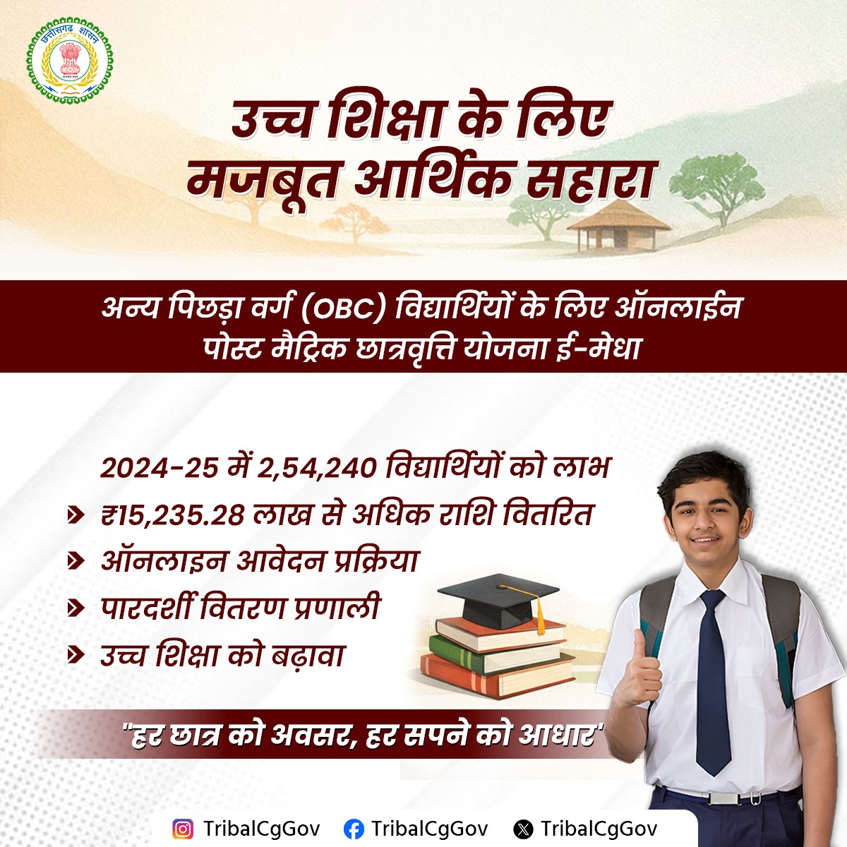 TribalCgGov's tweet image. उच्च शिक्षा की राह अब और सशक्त!
अन्य पिछड़ा वर्ग (OBC) के विद्यार्थियों के लिए ई-मेधा पोस्ट मैट्रिक छात्रवृत्ति योजना के माध्यम से लाखों छात्रों को मिल रहा है आर्थिक सहयोग।

हर छात्र को अवसर, हर सपने को आधार।

#OBC #Scholarship #EducationForAll #DigitalIndia #CGGovt