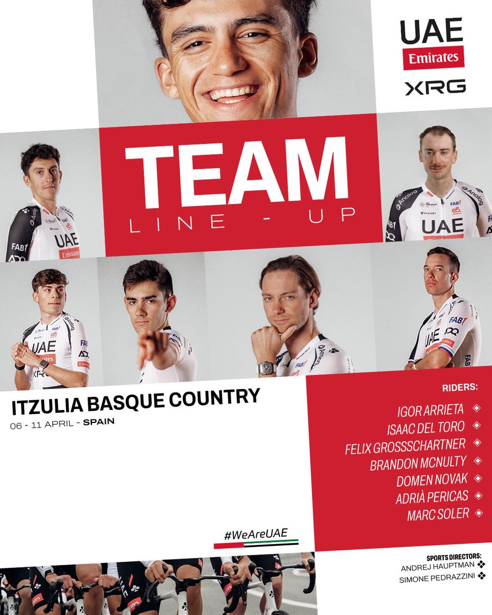 totijordi79's tweet photo. Esta es la alineación del conjunto UAE para disputar del 6 al 11 de abril La Itzulia.
Isaac del Toro será el líder del equipo arropado por un potente equipo a sus órdenes.
Marc Soler, Arrieta y Pericas buscarán sus oportunidades en busca de fugas.
#ehitzulia
#LosTotiñosCycling https://t.co/CWyjdr2xIj