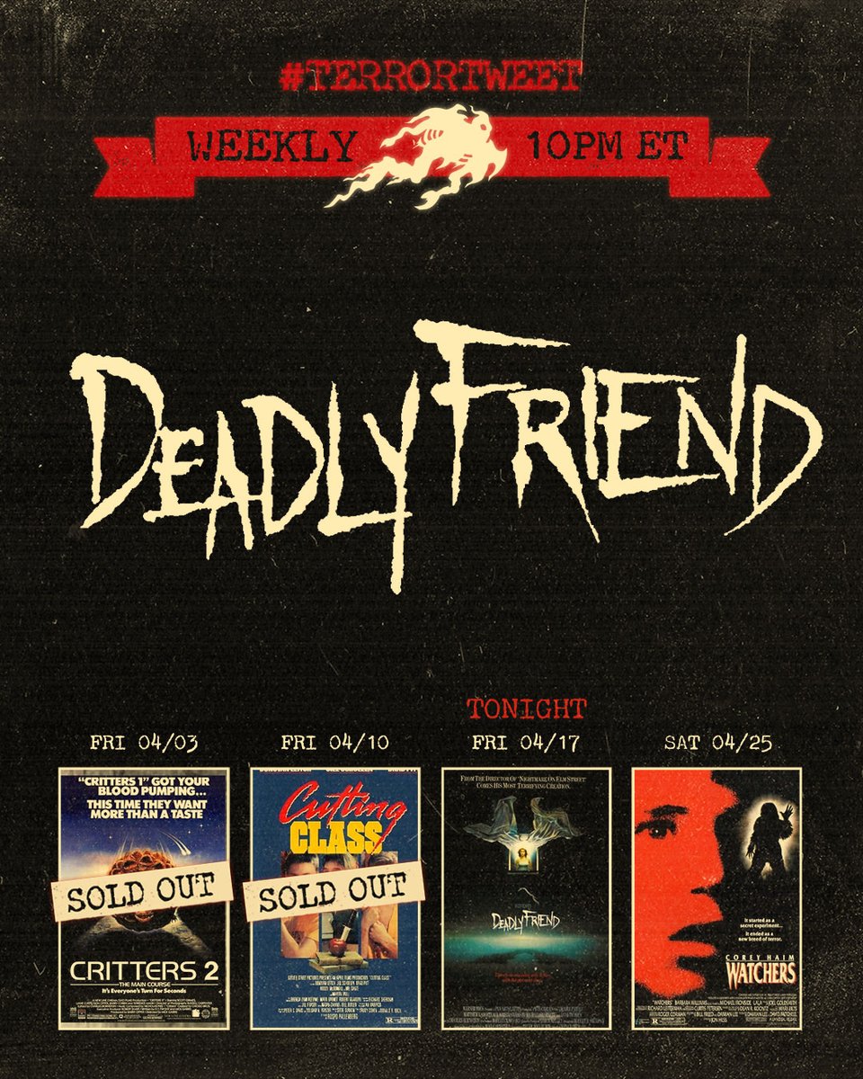 frightrags's tweet photo. 🎉 Tonight’s #terrortweet is DEADLY FRIEND. Find your copy and watch it with us! Hit play at 10pm ET tonight (Friday 04/17) &amp; join the conversation on DISCORD 👉 🔗 https://t.co/WVH4dHbu55 https://t.co/mLeQXZzh2i