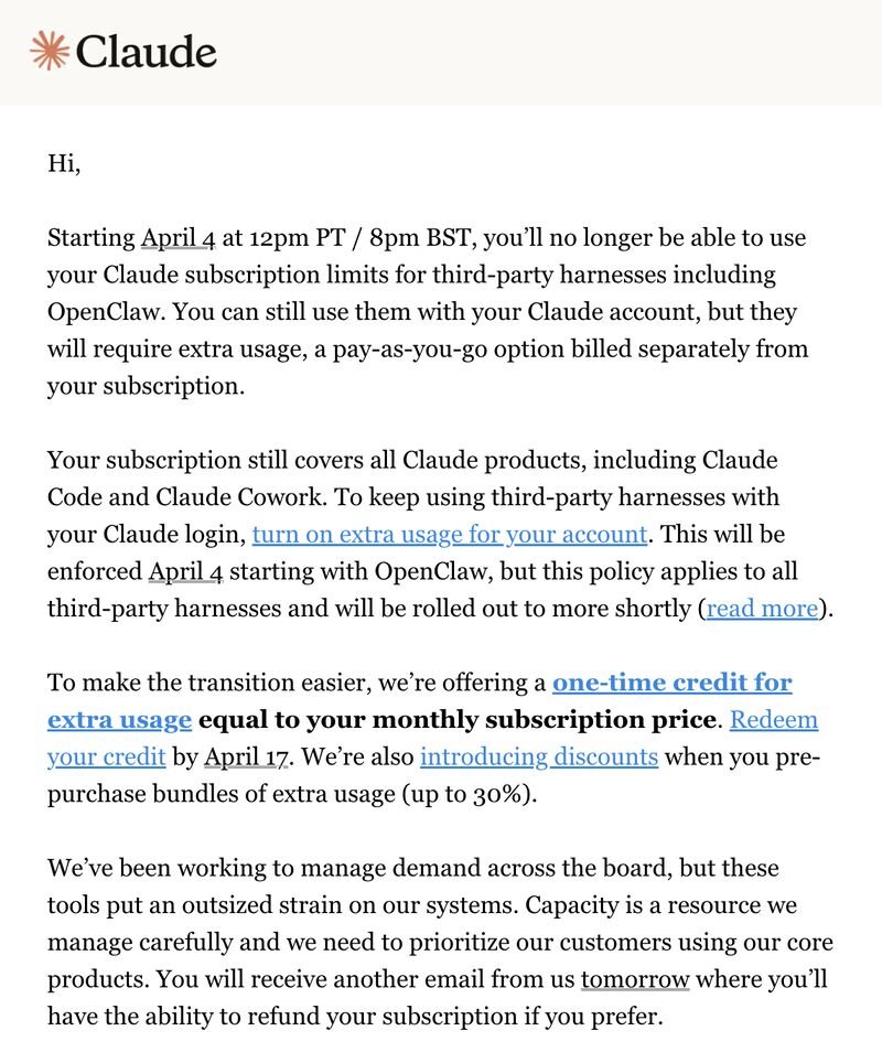 rgeade's tweet photo. Anthropic just cut off OpenClaw from Claude Max subscriptions.

The technical reason: third-party tools bypass their prompt caching.

The timing: right after they shipped competing features and OpenClaw's creator joined OpenAI.

Surely just a coincidence, right? Right.😅

Here's what it actually costs now and what to do 

https://t.co/8NB2IcKOP2