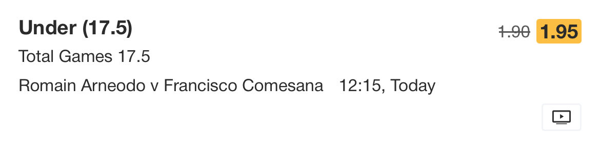 Haiicho's tweet photo. Romain Arneodo vs Francisco comesana under 17.5 games so free . Posted it on my free telegram link in bio . all bets tracked https://t.co/hJxvi2E3bi