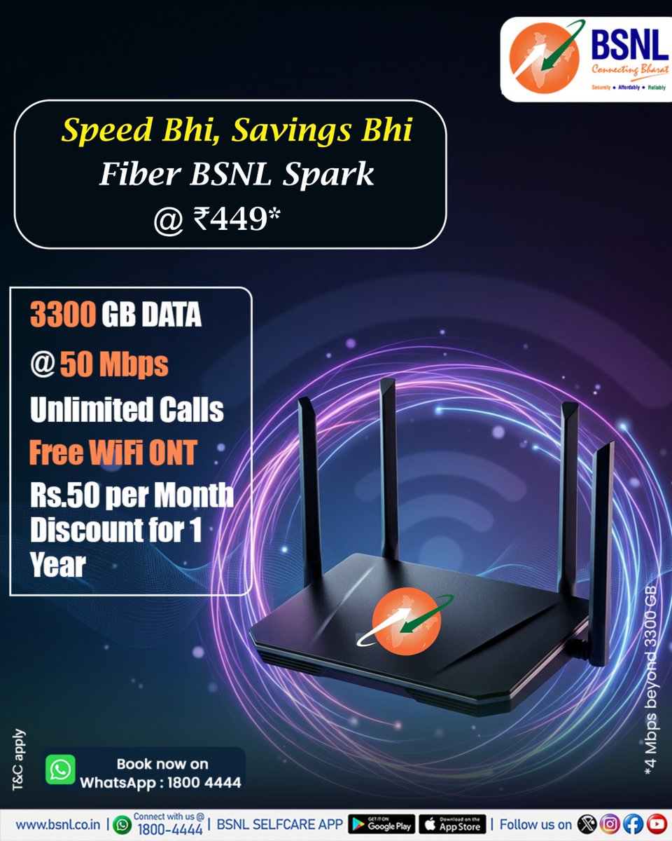 BSNL_GJ's tweet image. ➡Speed Bhi, Savings Bhi...
Fiber BSNL Spark Plan just @ Rs. 449😊

-3300 GB Data @50 Mbps
-Unlimited Calls
-Free WiFi ONT
-Rs. 50 Discount per month for 1 Year

WhatsApp now on 1800 4444.📱
#BSNLGUJARAT #highspeedinternet #affordable #bsnlfiber