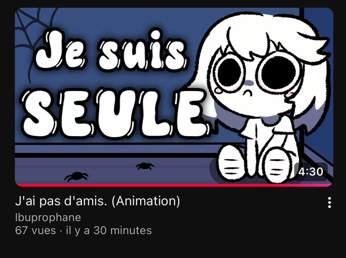 Ibuprophaneuh's tweet photo. Nouvelle vidéo ! J’ai.. pas d’amis.. 🤓

Merci à @KatChanVT , @Sgauth_YT , @fail_what et @Hydrios_ d’avoirs prêtés leur voix pour la vidéo.. et bon visionnage  j’espère que ça vous plaira 💙 https://t.co/5j43G9n4eF