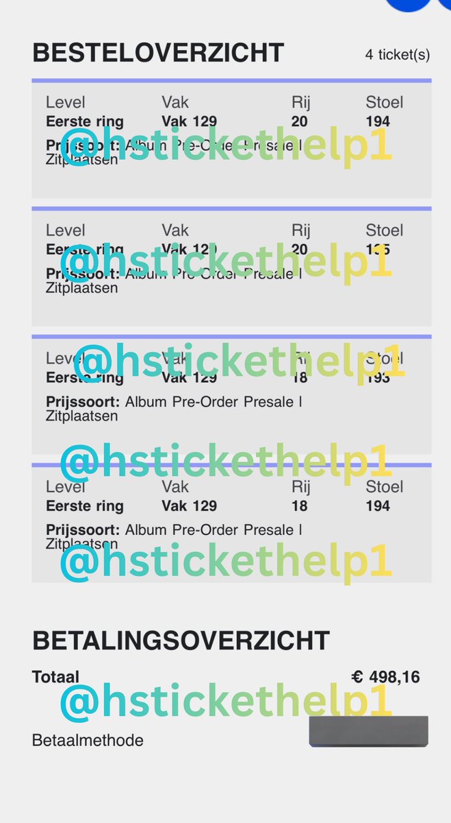 hstickethelp1's tweet photo. Harry Styles’ Together, Together Tour- Amsterdam🇳🇱
- May 26th
- 4 tickets
- (2) Sec 129, Row 20, Seats 194-195
- (2) Sec 129, Row 18, Seats 193-194
- 124,54€ each, 498,16€ total (price verified)
- PayPal G&amp;S

DM @GiuliaGuerra28 if interested!!!! https://t.co/IyA1BpxEBx