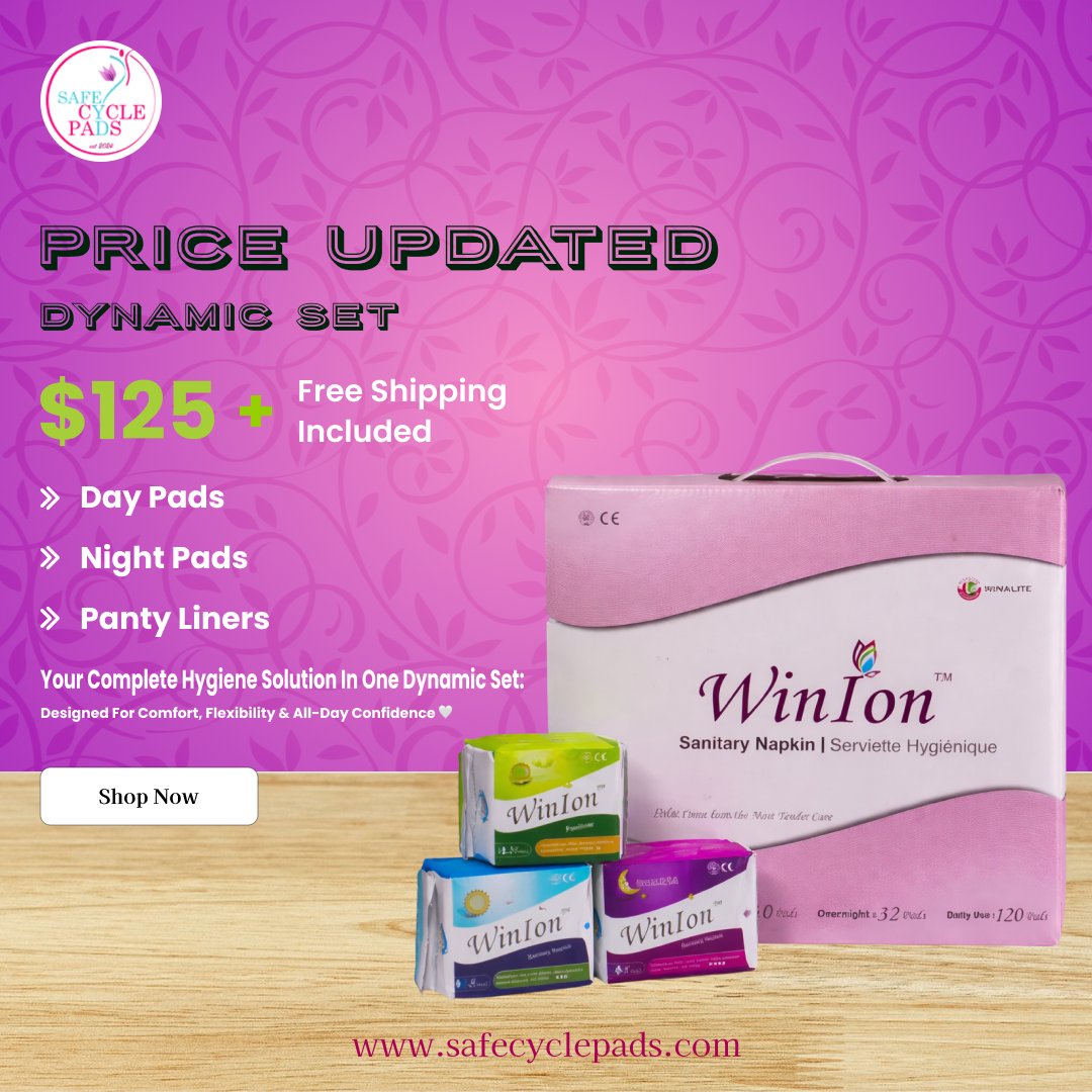 SafeCycle_Pads's tweet image. All-in-one care, now at a better price 💗

✨ Dynamic Hygiene Set – Just $125
🚚 Free Shipping Included
🌙 Day Pads | Night Pads | Panty Liners

👉 Shop Now: safecyclepads.com

#WomensCare #SanitaryPads #HygieneEssentials #PeriodCare #ShopNow