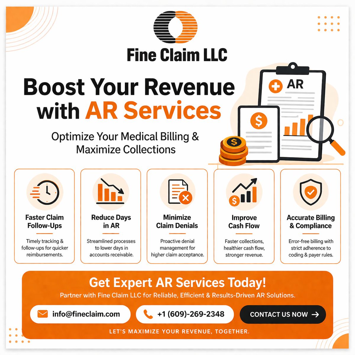 FineClaim's tweet image. At @fineclaim, we help healthcare providers improve cash flow, reduce days in AR, and maximize collections with efficient follow-ups and smart billing solutions.

Mail Us: info@fineclaim.com
Visit Us: fineclaim.com

#MedicalBillingSolutions #AccountsReceivable