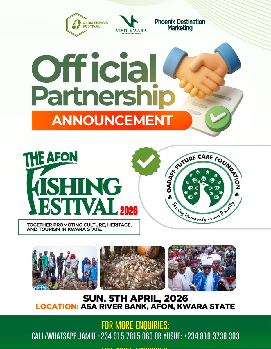 AfonFishingFest's tweet photo. We are pleased to welcome Gadaff Future Care Foundation as a partner for the Afon Fishing Festival 2026.

Together, we celebrate culture while promoting community and human development.

5 April 2026 | Asa River Bank, Afon.

#AfonFishingFestival2026 https://t.co/L5g9AZL7wO