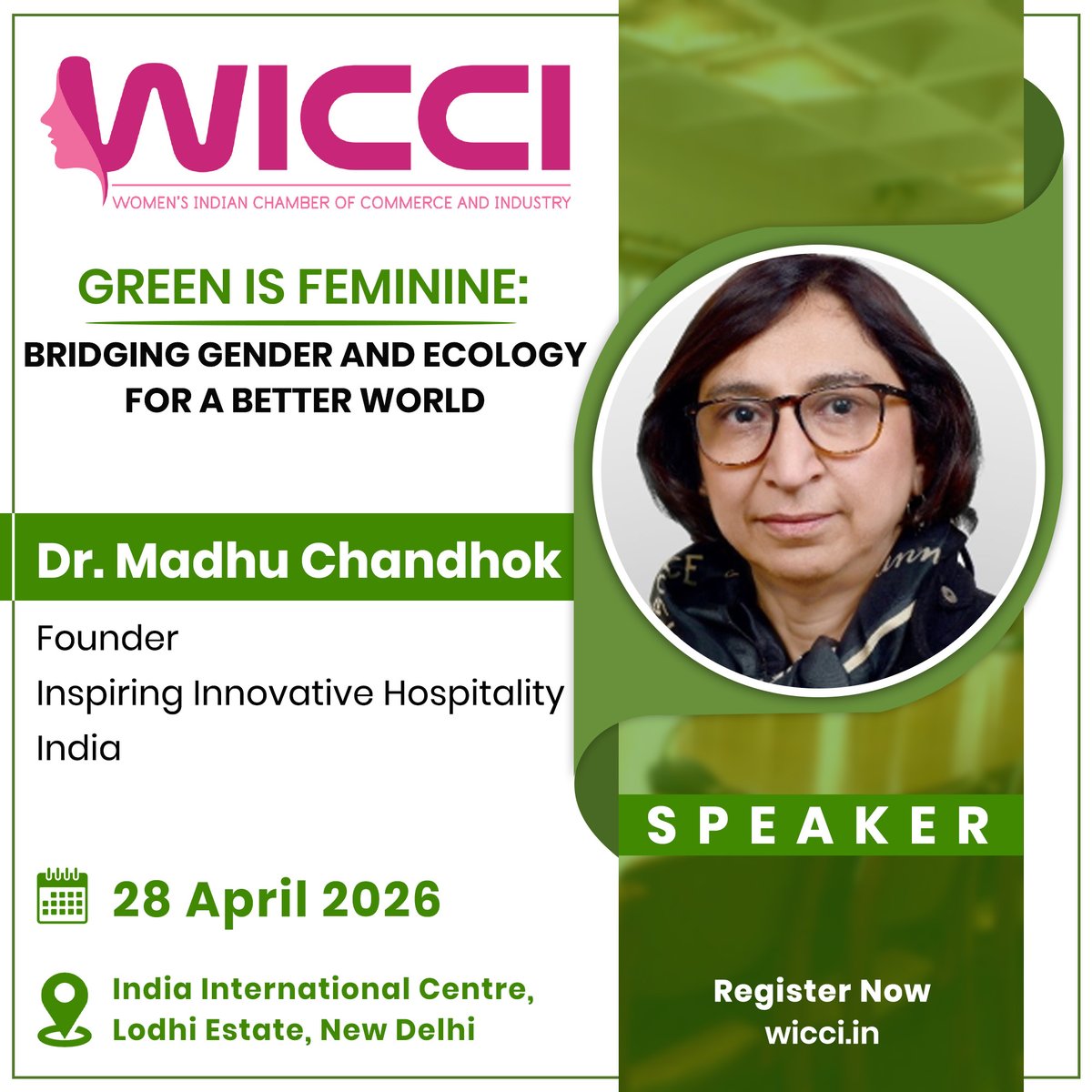 wicciindia's tweet image. 🌿Green is Feminine – Be Part of the Change!

Dr. Madhu Chandhok, Founder, Inspiring Innovative Hospitality, joins as Speaker at WICCI Environment &amp;amp; Sustainable Living Summit.

🎯28 April 2026 | New Delhi
Register: wicci.in/wicci---enviro…

#SustainableDesign #HotelIndustry #WICCI