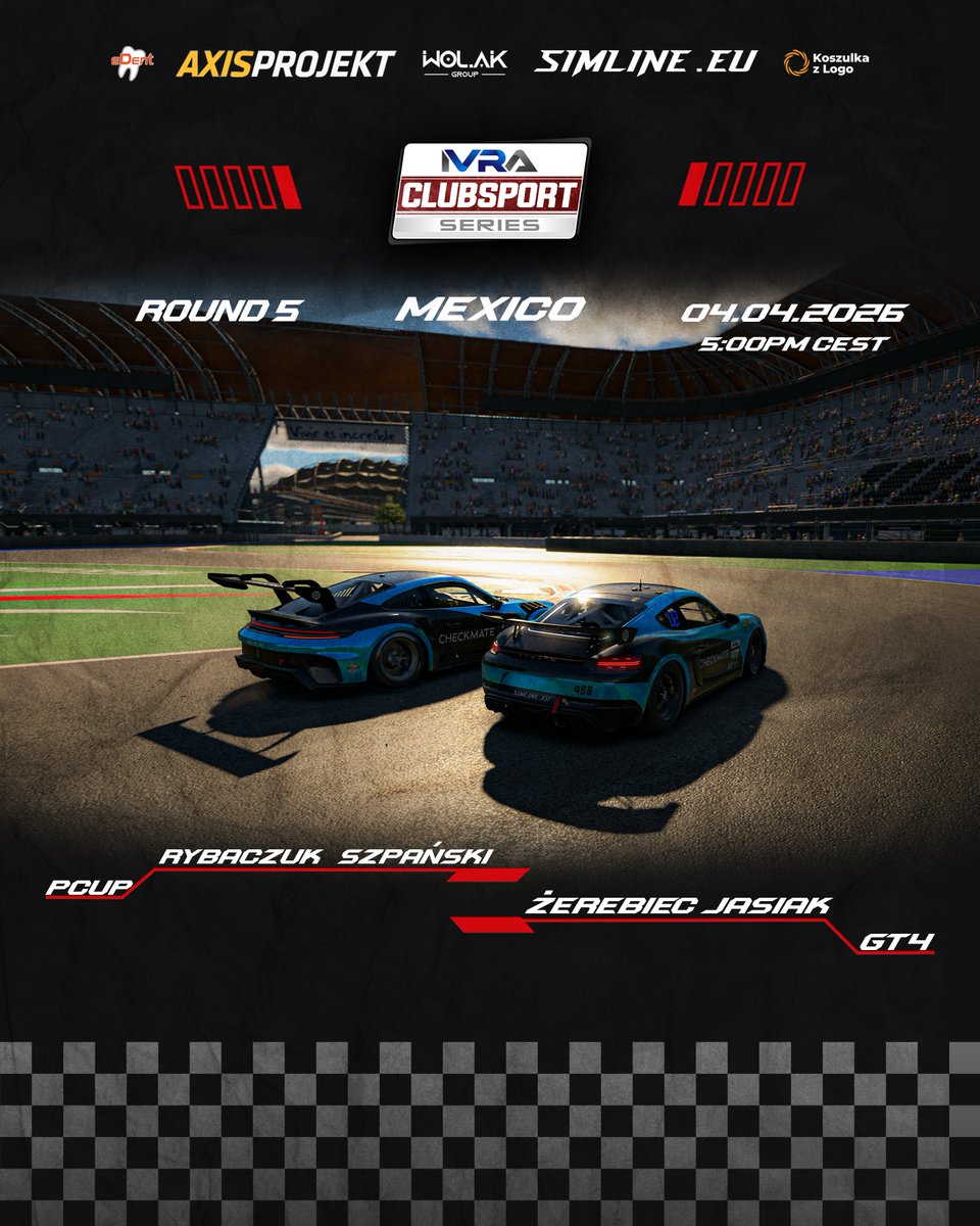 TeamSzachMat's tweet photo. Season on the line!

Today we’ll take part in the 5th round of the ClubSport Series organized by @IVRAleague. Yet another action packed 4hour multiclass battle, this time around the beautiful virtual Mexico City.

As always, we’ll have two teams on the grid:

Car #488 competing in the Sport class. After a brilliant start to the season and leading the championship after the first two rounds, we had terrible luck in Rounds 3 and 4, failing to finish either of them and dropping from P1 all the way down to P9. With only two rounds left, the pressure is on and today’s result is do or die for our hopes of a good finish at the end of the season.

Car #997 in the Cup class has delivered solid performances all season long, and its clear improvement in every round so far has put us in P5 in the standings, just 39 points off the podium. A great result today could help us make up some ground and keep the podium dream alive going into the final round of the season.

No rain on the radars today, so our drivers can fully focus on the raw pace and traffic management. Let’s finally break the bad luck from the last two rounds and make up some ground to the leaders.

Follow the live action via the official @RaceSpotTV broadcast from 5:00PM CEST :
- https://t.co/91PJeTMAMx

--

Wolak Group | AXIS PROJEKT | https://t.co/odgFpeQ7Qs | https://t.co/KsXK0AgPf6 | https://t.co/OMaFnVn3an

#iracing #iracingofficial #simracing #racing #race #racecar #motorsport #racingteam #esports #checkmate #IVRA #porsche #porschecup #gt4 #lmp3 #mexico #clubsport #racespottv