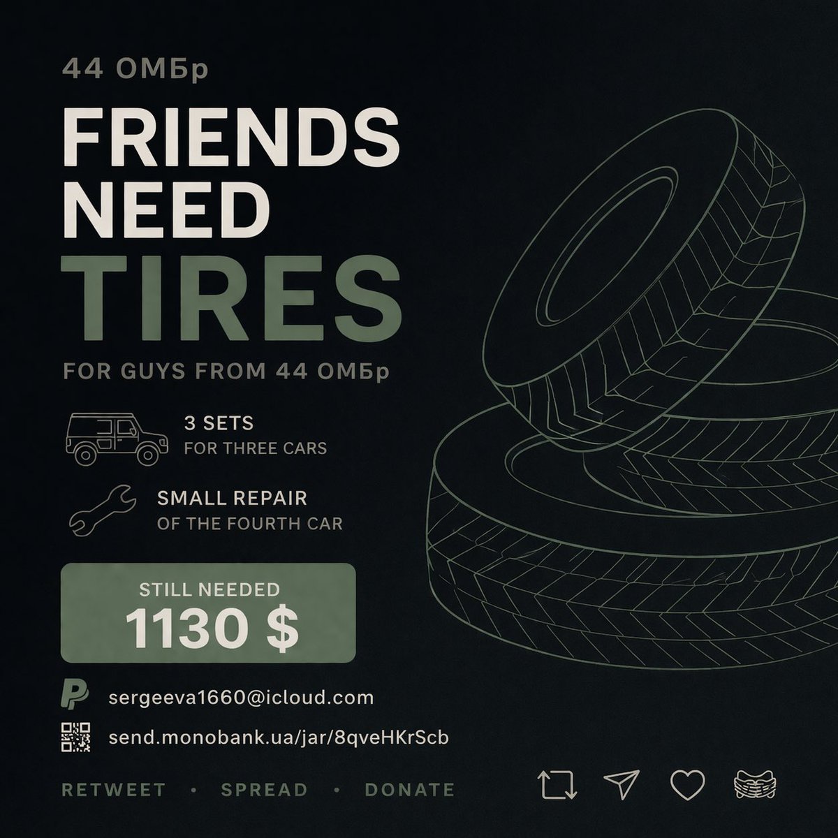 tanyawoz4's tweet photo. Tires = mobility. Mobility = lives saved.

Helping 44 OMBr get:
• 3 sets of tires
• repair for 1 vehicle

Goal: $1130

If you can’t donate, please share…
visibility matters.

PayPal: sergeeva1660@icloud.com
https://t.co/zw4foAGH5T

🆘🙏

@LizogybMarina https://t.co/qI9NiPJ3Ct