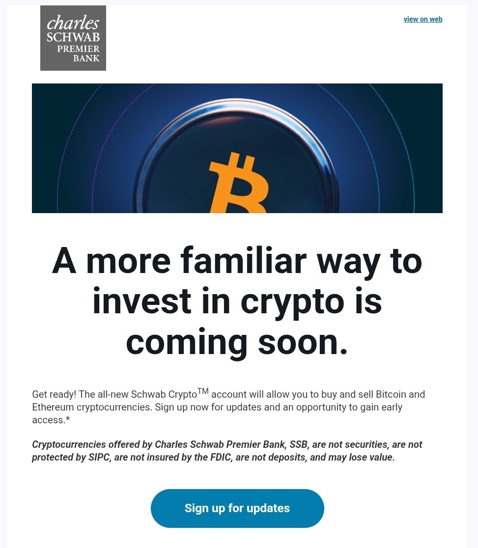 cperruna's tweet photo. Schwab is launching crypto services to buy and sell Bitcoin and Ethereum. https://t.co/PpAMiPNZLM