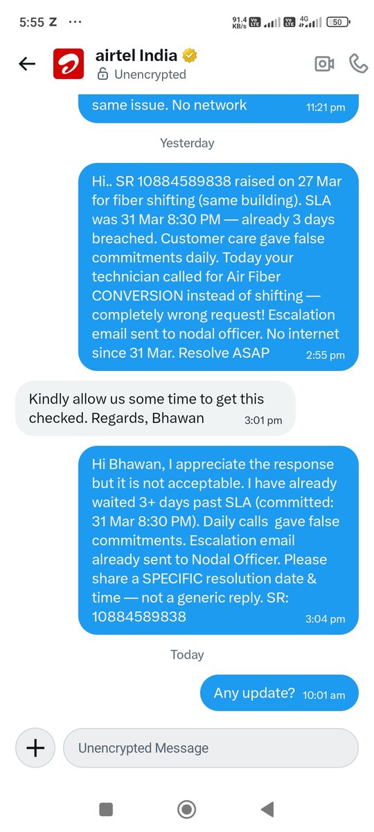 niravkdesai's tweet photo. @AirtelIndia @AirtelCares It's been 5 days since SLA breach! SR 10884589838 | Fiber shifting request since 27 Mar | SLA was 31 Mar 8:30 PM | Already Dm done, multiple calls to customer care. No resolution, very pathetic customer service from Airtel, it's better to move JIO. https://t.co/qmnLVnsNru