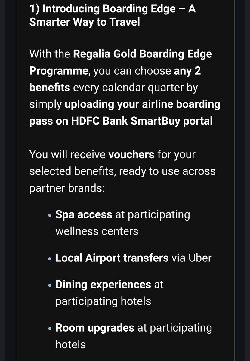 karthickPNKV's tweet photo. #HDFCbank #devaluation
#Regaliagold #creditcard 
HDFC silently devaluing ❌ the lounge access for Regalia Gold!
Right now I don't have spend based eligibility, it's 12 domestic & 6 international lounge visit without meeting any criteria.
Effective 1st July 2026, you need spend 60k in previous quarter to get 3 domestic visits in the current quarter. That's 20k/month & this sucks!🤦🏻
I probably would rather spend 10k with Scapia to get lounge access then🤷🏻

Minor devaluation - Effective 15th May, it will be 5 Reward points per 200₹ spent vs 4 reward points per 150₹ spent 

New benefit - Effective 15th May, if you upload your boarding pass to HDFC smartbuy portal, you may choose one of the below benefits through participating partner brands via voucher 
a)Spa access
b)Airport transfer via Uber
c)Dining experience 
d)Room upgrades 
At this point it's not clear if this is limited to the flights booked via HDFC smartbuy portal alone(I'm assuming it is) or all travels applicable.
I don't personally like the spend criteria fixed, it feels like the card is entry level rather than premium mid range!
@imYadav31
@Kenu73 @DoBaniye @mepritijain @CenturionGuy1 @PointsPro @Starcommander10 @DealsDhamaka