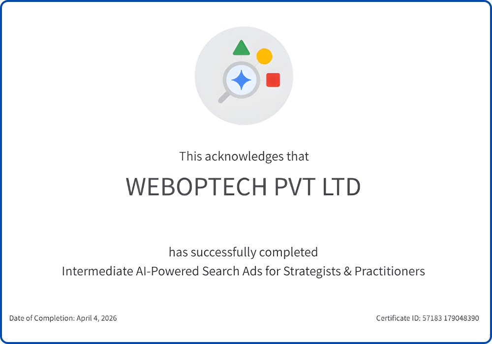 WEBOPTECH's tweet image. Celebrating another achievement at WEBOPTECH PVT LTD 🎯

We’ve successfully completed Intermediate AI-Powered #SearchAds - leveling up our strategies to deliver smarter, AI-Data-Driven results for our clients. 🚀
 
#WebOpTech #AICertification #AICertifiedagent #GoogleAds