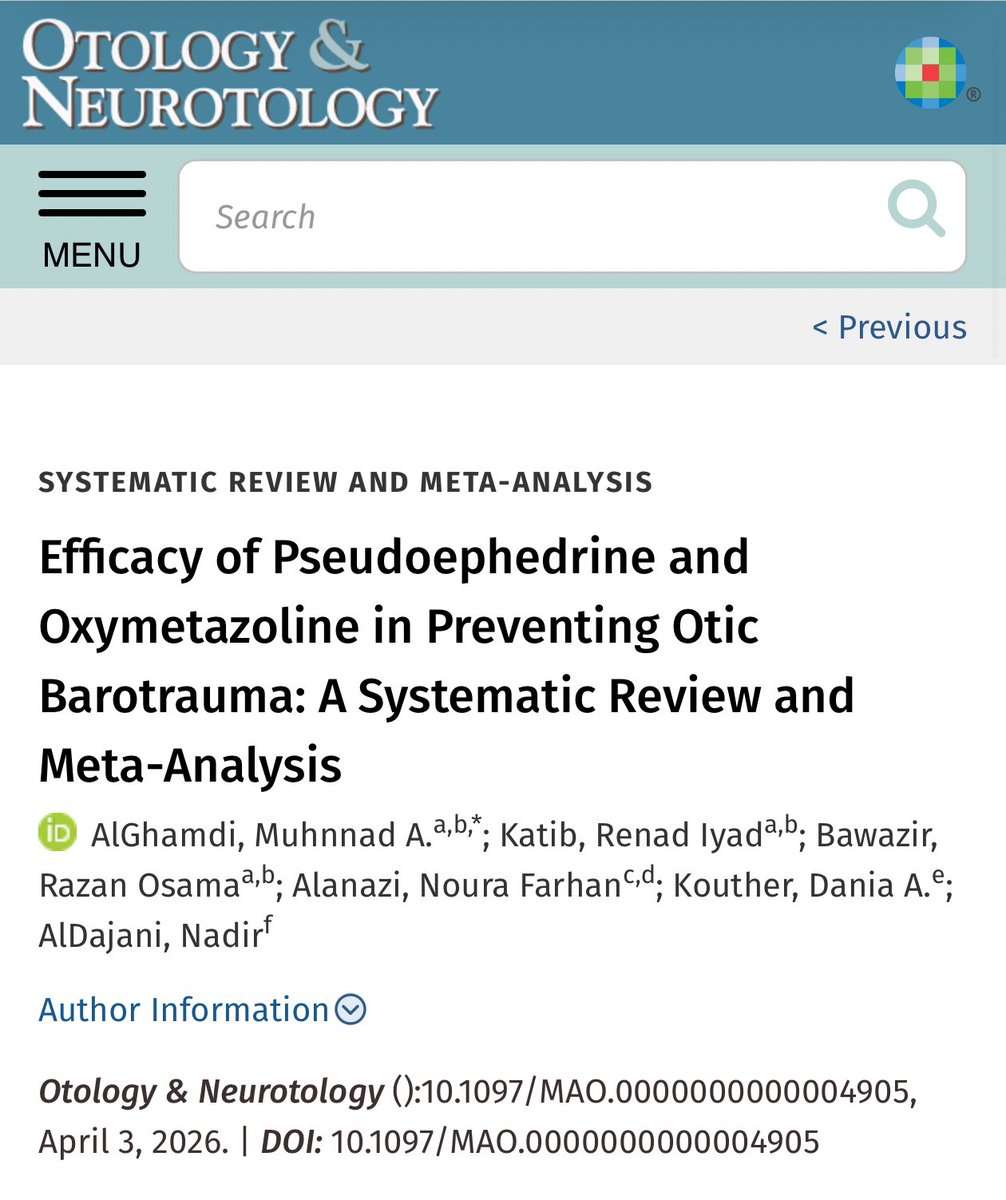 RenadKatib's tweet photo. I'm excited to share our latest publication in otology: “Efficacy of Pseudoephedrine and Oxymetazoline in Preventing Otic Barotrauma: A Systematic Review and Meta-Analysis.”

Grateful to collaborate with an excellent team on this work.

🔗 below https://t.co/gZyJ1IposY