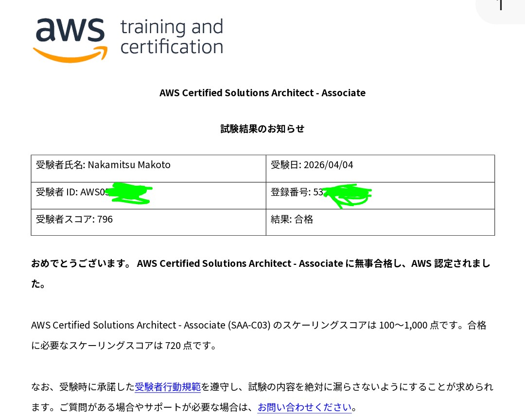 今、AWS Certified Solutions Architect – Associate（SAA）に合格しました😊AWSクラウドサービスの全体像がようやく見えてきて、本当に感謝です。学習が本当に楽しくて、ワクワクしながら勉強できました。AWSは未来を感じさせる素晴らしい技術ばかりで期待が膨らみました。