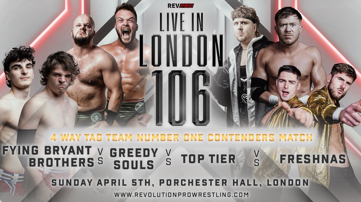RevProUK's tweet photo. 🚨TOMORROW LIVE IN LONDON
📍Porchester Hall, London
📅Sunday April 5th
🚪3.45pm l 🔔4.30pm

4 Way Tag Team Number 1 Contenders Match
FLYING BRYANT BROTHERS VS GREEDY SOULS VS TOP TIER VS FRESHNAS

Tickets: https://t.co/iBtarbIMHH https://t.co/OSls89XZX2