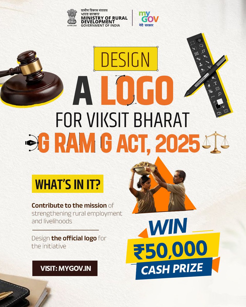 mygovindia's tweet image. One idea can define a nation’s future

Design a logo for Viksit Bharat – G RAM G Act 2025 and reflect the vision of inclusive growth and rural transformation

Submit now: mygov.in/task/design-lo… 

#JanBhagidari
#RuralDevelopment

@MoRD_GoI