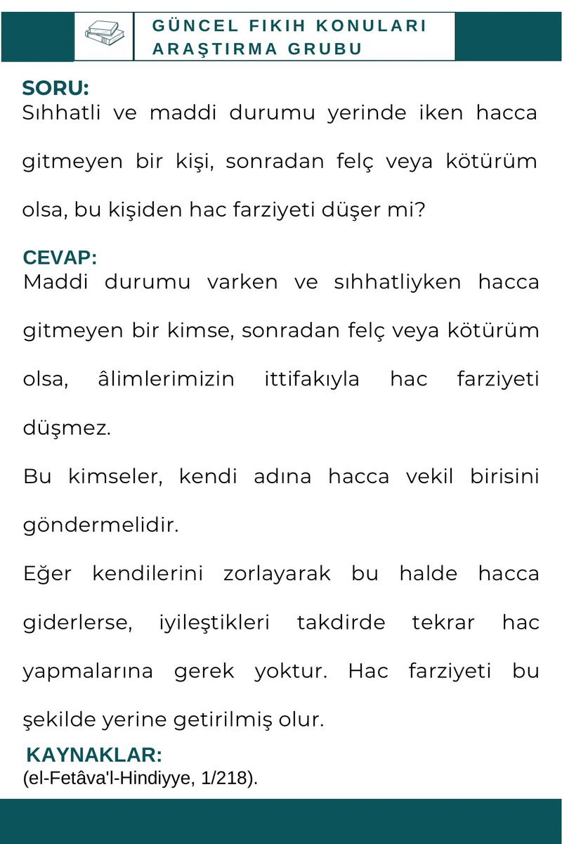 02_Molla's tweet photo. ❓SORU: Sıhhatli ve maddi durumu yerinde iken hacca gitmeyen bir kişi, sonradan felç veya kötürüm olsa, bu kişiden hac farziyeti düşer mi?

🔗 KANAL LİNKİ: https://t.co/xIN6pwuh0Z

#hac #felç #farziyet https://t.co/od5zZ5s1jQ
