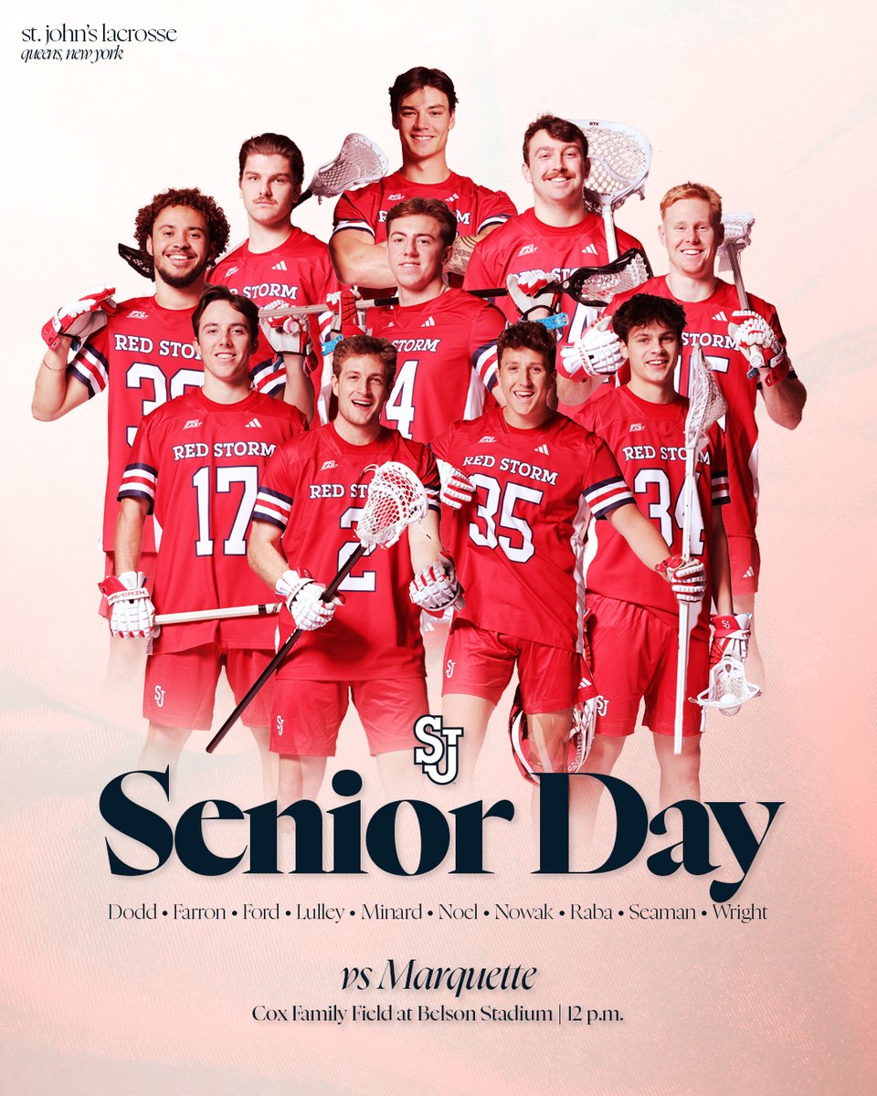 Ready to battle for our seniors today 👊

🆚 Marquette
⏰ 12 p.m.
🏟️ Cox Family Field at Belson Stadium
📺 bit.ly/4e2XFB1
📊 bit.ly/4dZHlRt

#RedStorm
