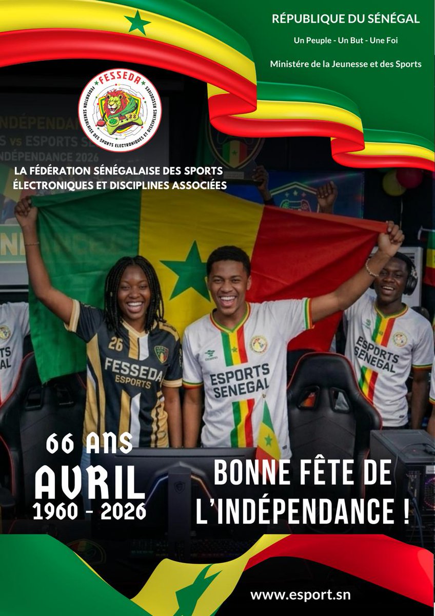 FESSEDA_Esports's tweet photo. L'Indépendance du 🇸🇳 se fête aussi la manette ! 🎮
La FESSEDA souhaite une excellente fête nationale à tous les gamers & E-Athlètes. Que la fierté du Lion brille dans chaque arène numérique ! 🦁✨
👉 https://t.co/yCj0O4Mj56
#04Avril #Fesseda #Esport #Senegal #221Gaming https://t.co/dax1oc8vuq